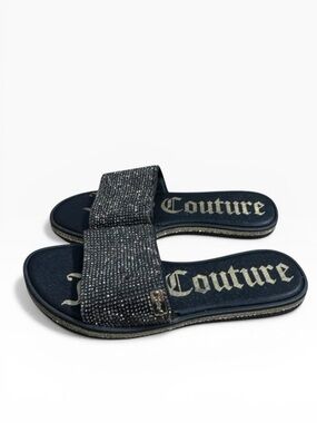 Juicy Couture Yippy Black Beaded Rhinestone Slide Sandals Slip On Women’s Size 6